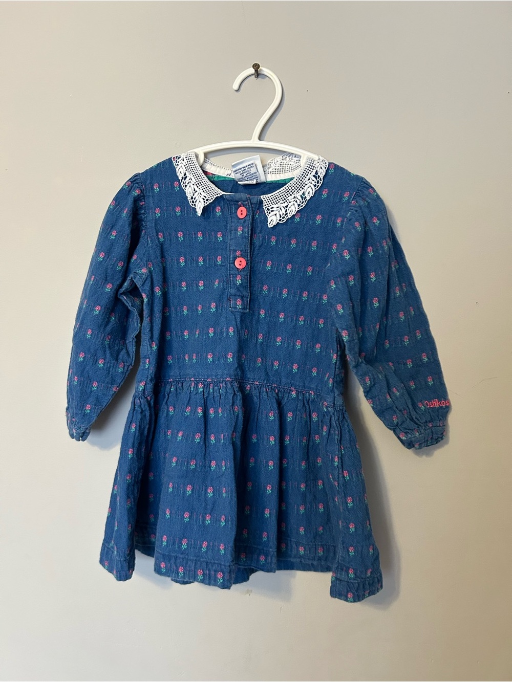 Vintage OshKosh B'gosh Navy Blue Floral Dress with White Lace Collar